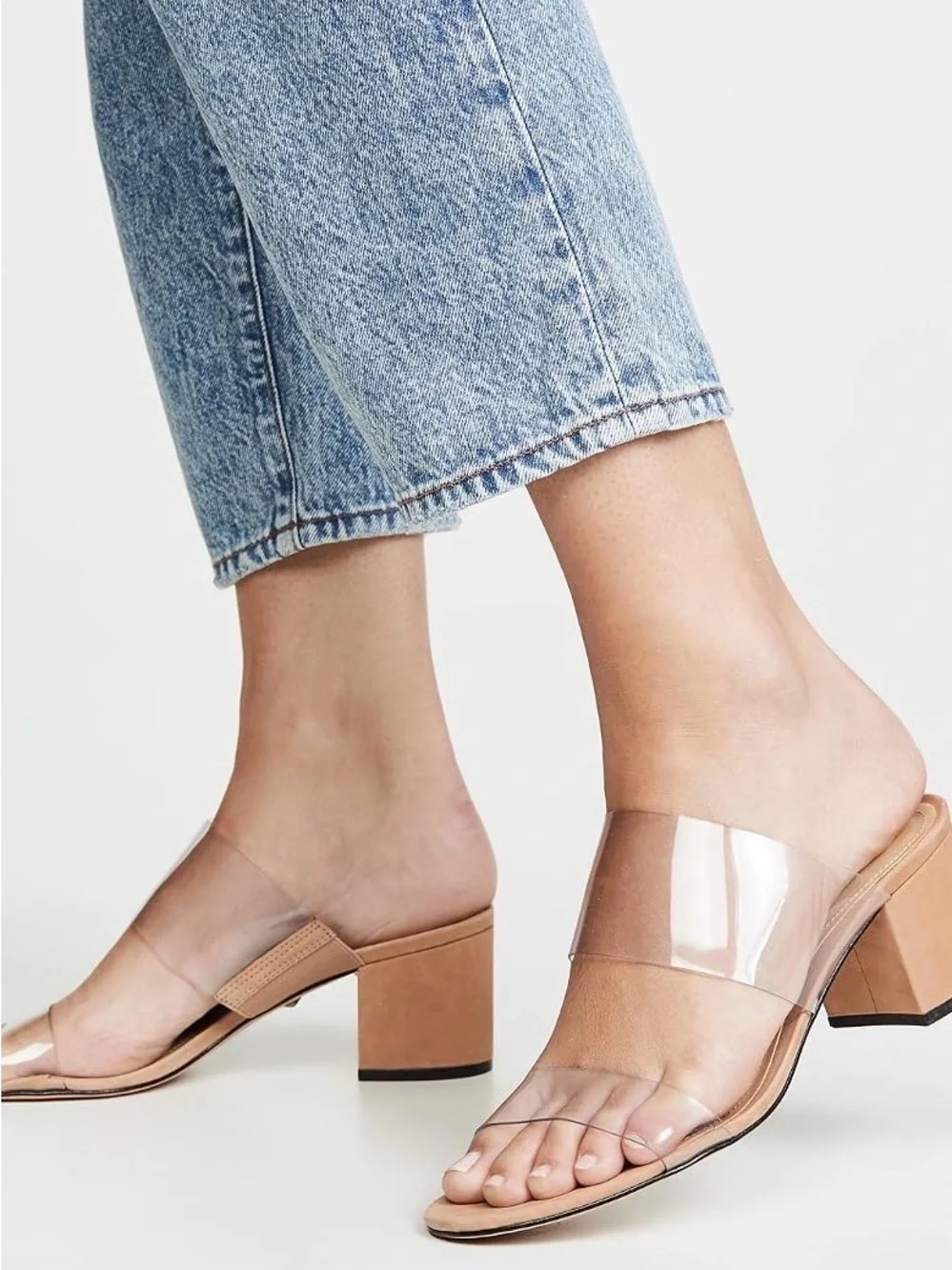 SCHUTZ Victorie Slides - Clear Double-Strap Sandal with Tan Suede Block Heel